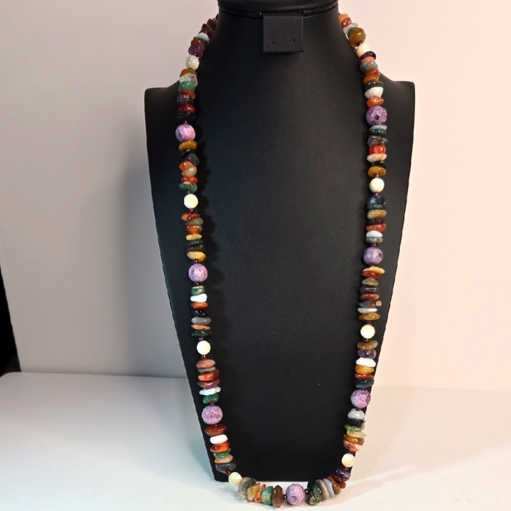 Artisan Mixed Agate Polished Gemstones Necklace Garnet Spacers Boho Long Length